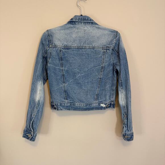 Amethyst Jeans Cropped Jacket Womens M Blue Denim Distressed Button Y2K Trucker - Picture 2 of 6